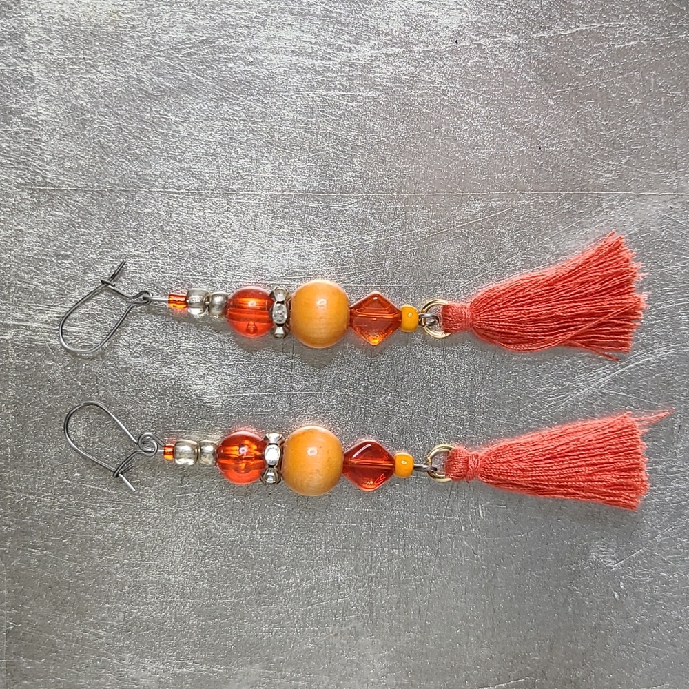 Brand New Earrings Orange Glass Tassel Lightweight Eclectic Travel Handmade Fun